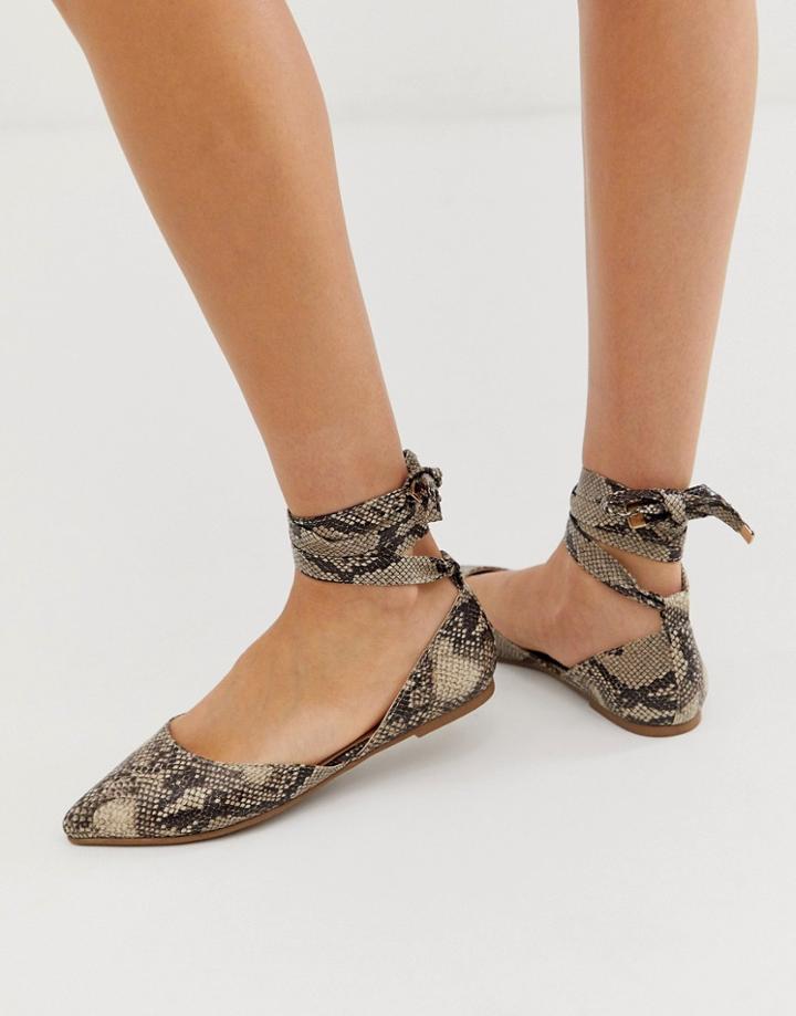 London Rebel Pointed Tie Leg Ballet Flats In Snake - Beige