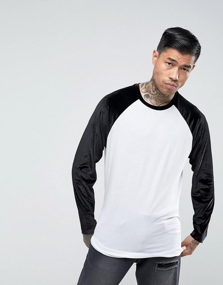 Asos Longline Long Sleeve T-shirt With Velour Sleeves And Curve Hem - White