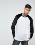 Asos Longline Long Sleeve T-shirt With Velour Sleeves And Curve Hem - White