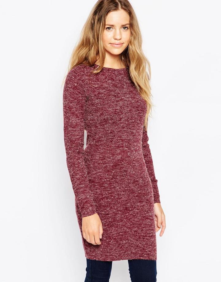 Brave Soul Long Sleeve Ribbed Sweater Dress - Burgundy