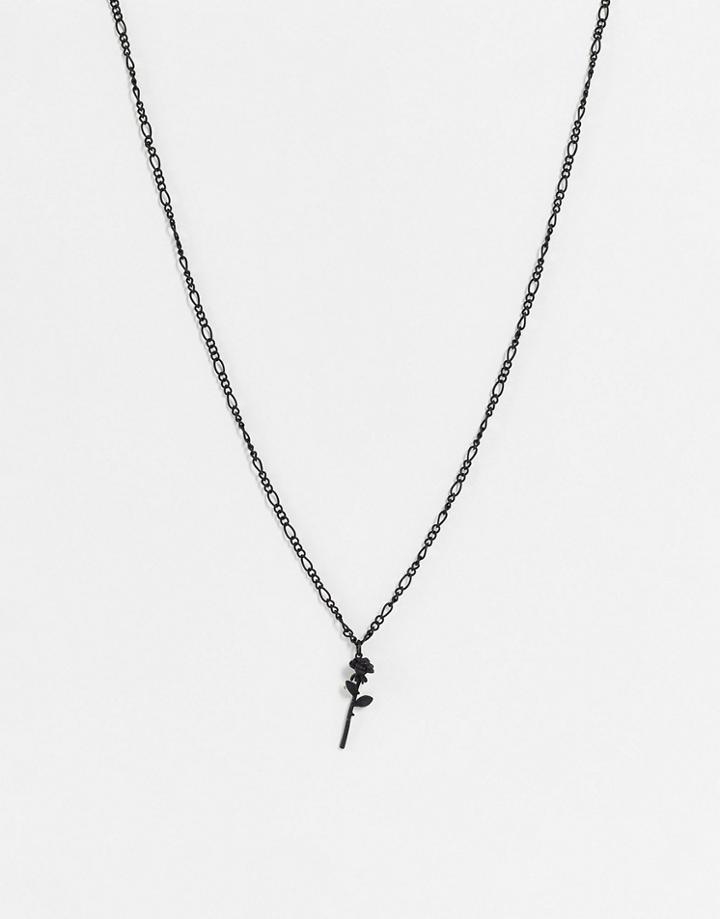 Asos Design Figaro Necklace With Rose Pendant In Matte Black