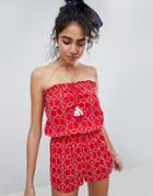 New Look Broderie Bandeau Romper - Red