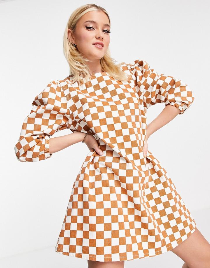 Glamorous Mini Shift Dress In Checkerboard Denim-multi