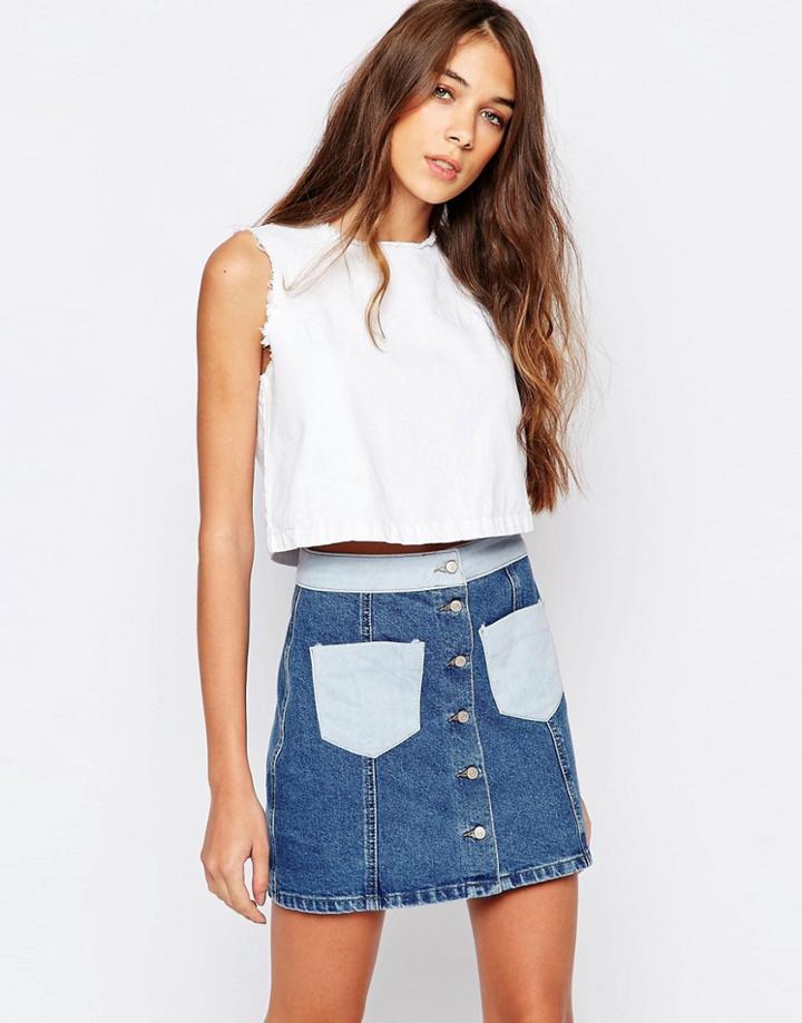 Pull & Bear White Denim Crop Top - White