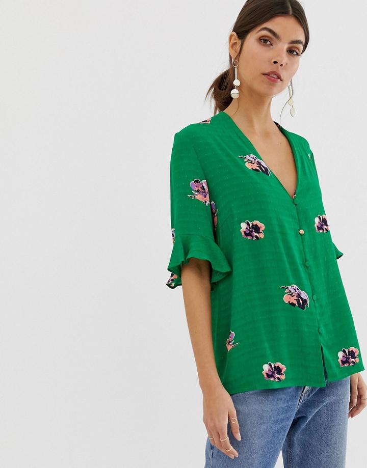 Y.a.s Floral Short Sleeve Woven Top - Green