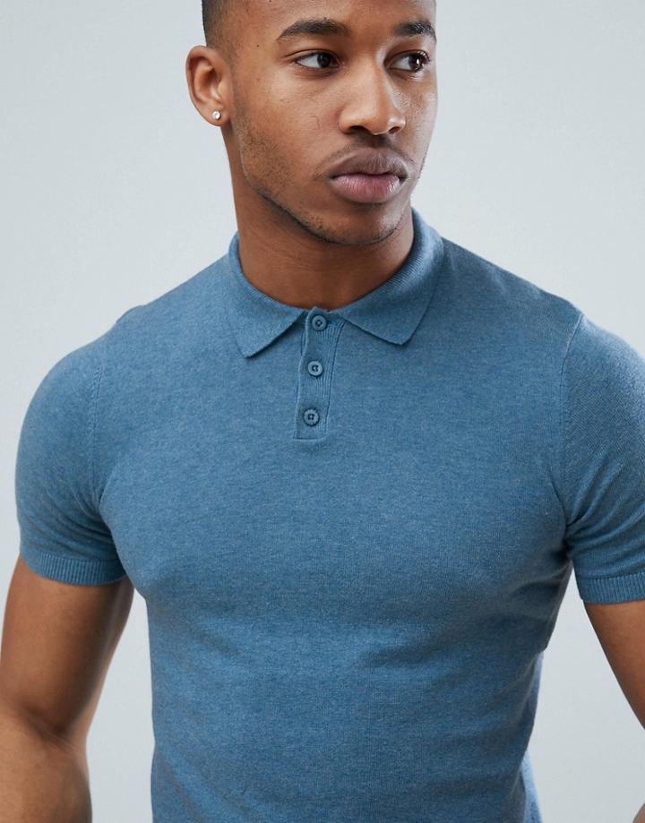 Asos Design Knitted Polo T-shirt In Light Blue - Blue