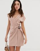 Asos Design Wrap Mini Dress With Buckle - Pink