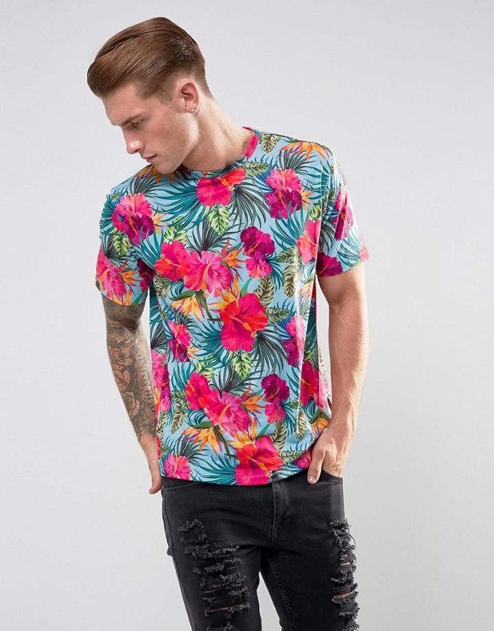 Jaded London T-shirt In Tropical Print - Blue