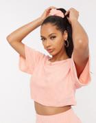 Asos Design Mix & Match Lounge Towelling Cropped Tee With Scrunchie In Peach-pink