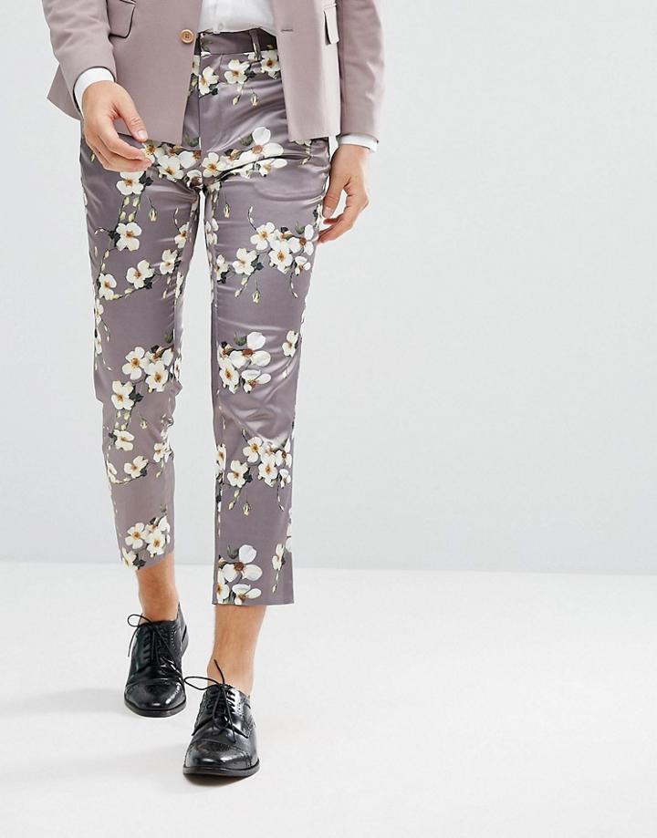 Asos Wedding Skinny Crop Smart Pants With Light Gray Floral Print - Gray