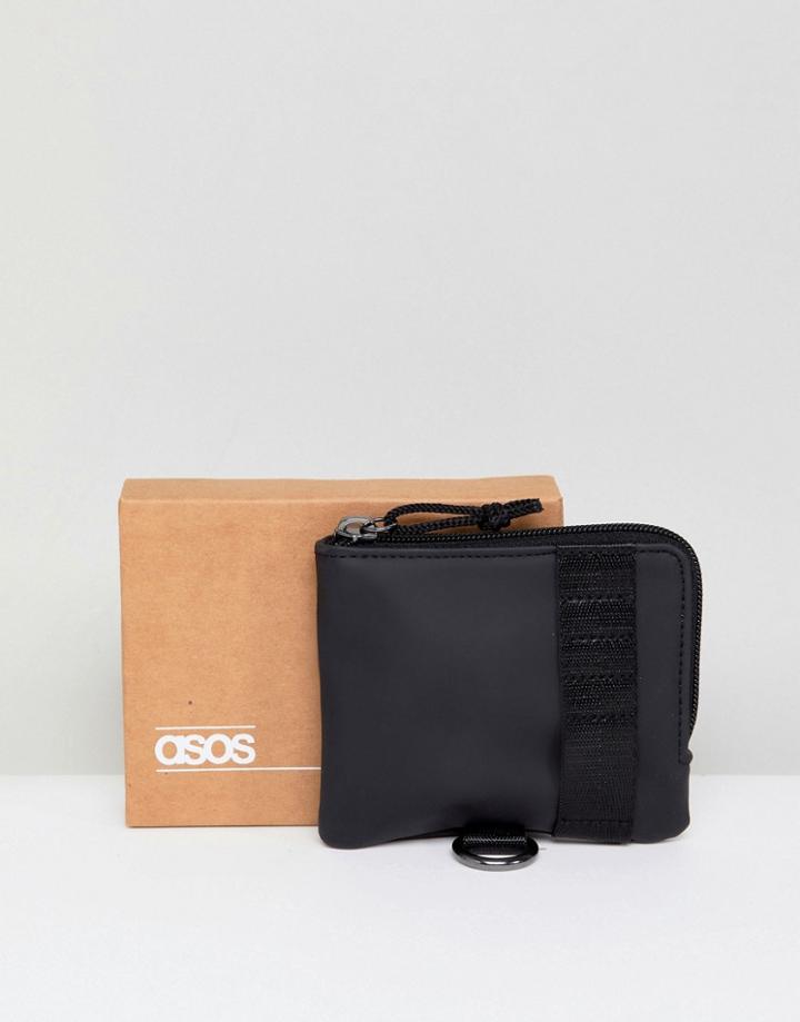 Asos Design Zip Around Wallet In Black With Strap Detailing - Black