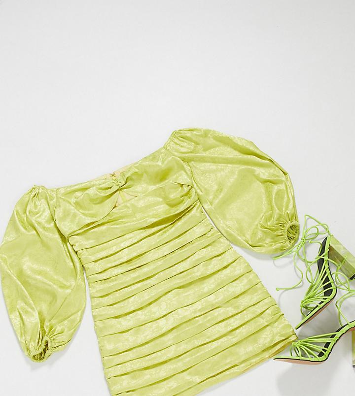 Collective The Label Petite Ruched Jacquard Bardot Mini Dress With Volume Sleeve In Olive-green
