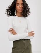 Weekday Fine Ribbed Long Sleeve T-shirt In Off White