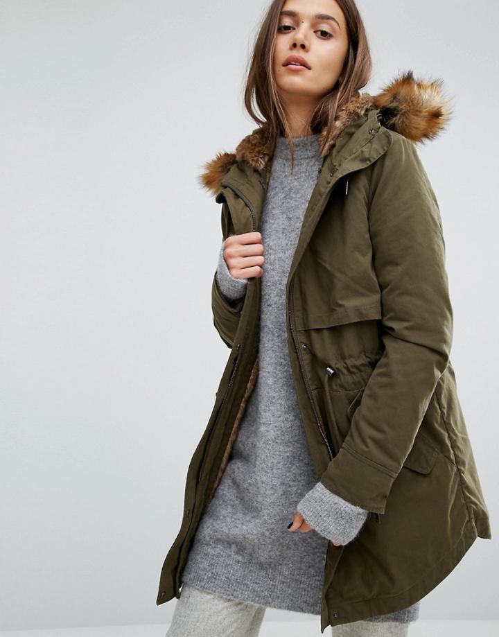 Parka London Lara Classic Parka Jacket With Faux Fur Lined Hood - Green