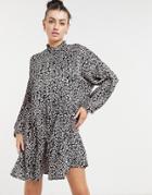 Vero Moda Mini Smock Dress With High Neck In Black Animal Print-multi
