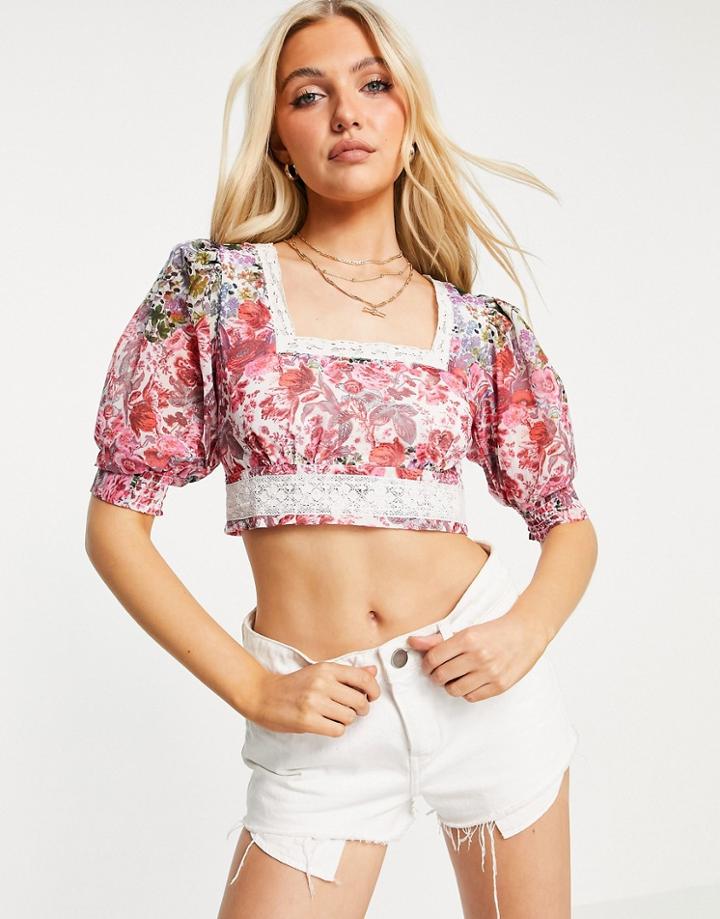 Hope & Ivy Puff Sleeve Crop Top Set With Contrast Lace And Shirred Back In Floral-multi