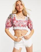 Hope & Ivy Puff Sleeve Crop Top Set With Contrast Lace And Shirred Back In Floral-multi