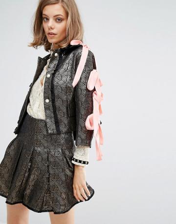 Sister Jane Crop Jacket In Jacquard With Satin Bow Sleeves Co-ord - Go