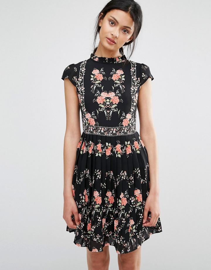 Oasis Floral Print Tea Dress - Black