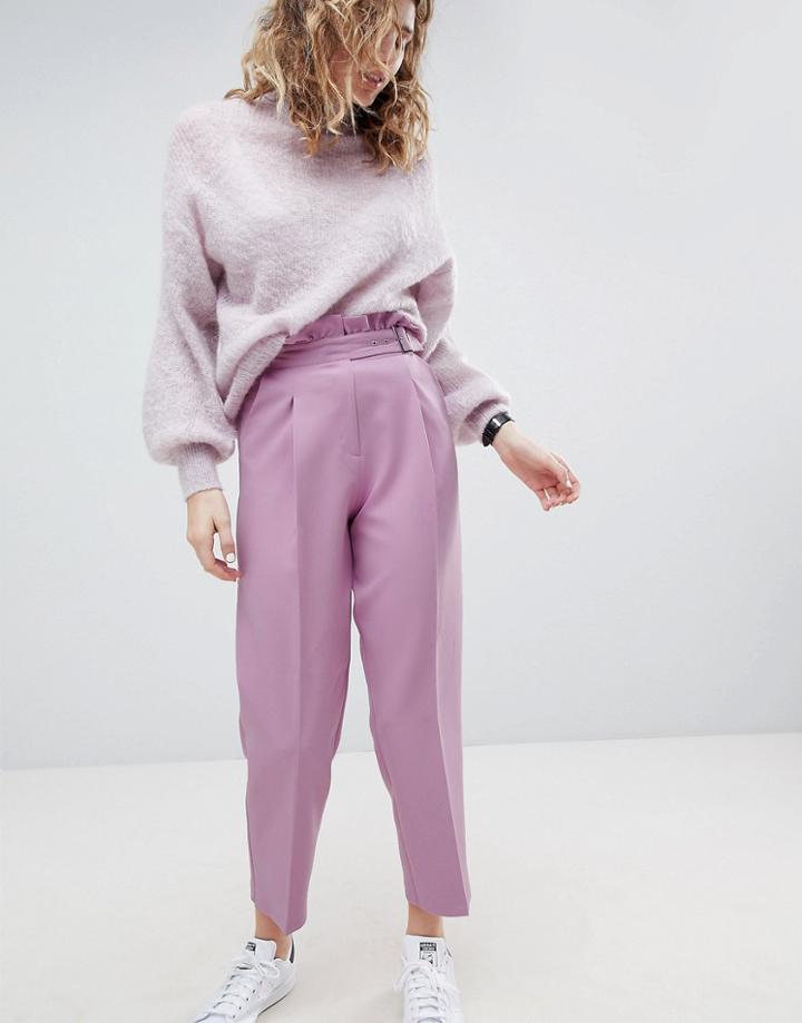 Asos Tailored Frill Waist Pants With Buckle Detail - Purple