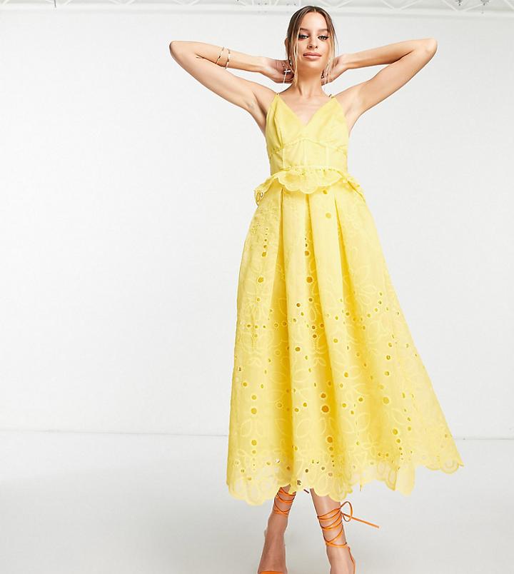 Asos Design Tall Strappy Midi Dress With Floral Broderie And Lace Insert Detail In Yellow