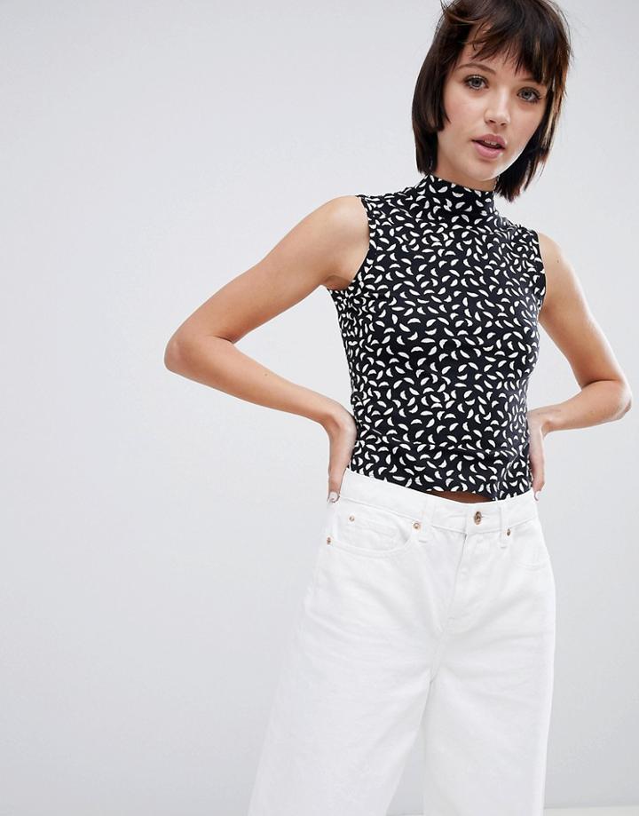 Monki Jersey Printed Sleeveless High Crop Top - Black