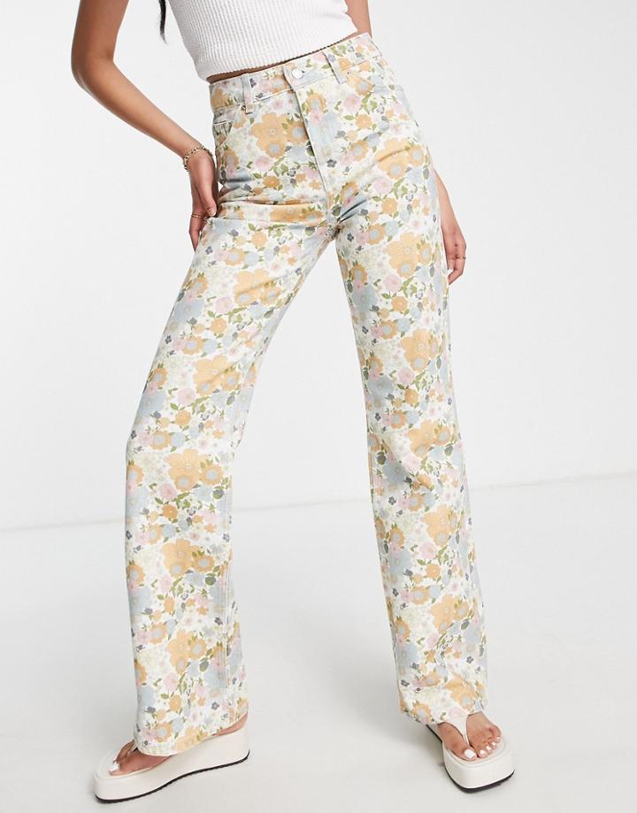 Topshop Retro Floral Pattern 90s Flare Jeans In Multi