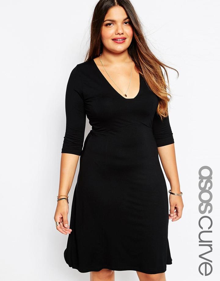 Asos Curve Midi Skater Dress With Sexy Square Neck - Black