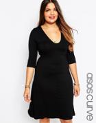 Asos Curve Midi Skater Dress With Sexy Square Neck - Black