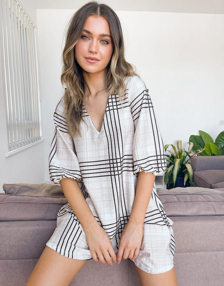 Asos Design Textured Mini Swing Dress In Cream And Black Check Print-white