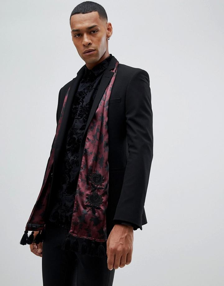 Asos Edition Scarf In Burgundy With Embellishment & Tassel Design - Red