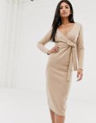 Asos Design Super Soft Wrap Front Midi Dress - Beige