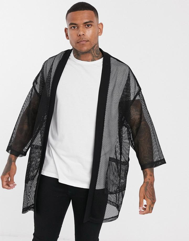 Asos Design Mesh Kimono Cardigan In Black - Black