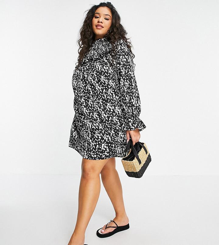 Vero Moda Curve Mini Smock Dress With Ruffle Detail In Black Smudge Print-multi