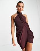 Asos Design Satin Wrap Neck Drape Mini Dress In Soft Washed Twill In Wine-red