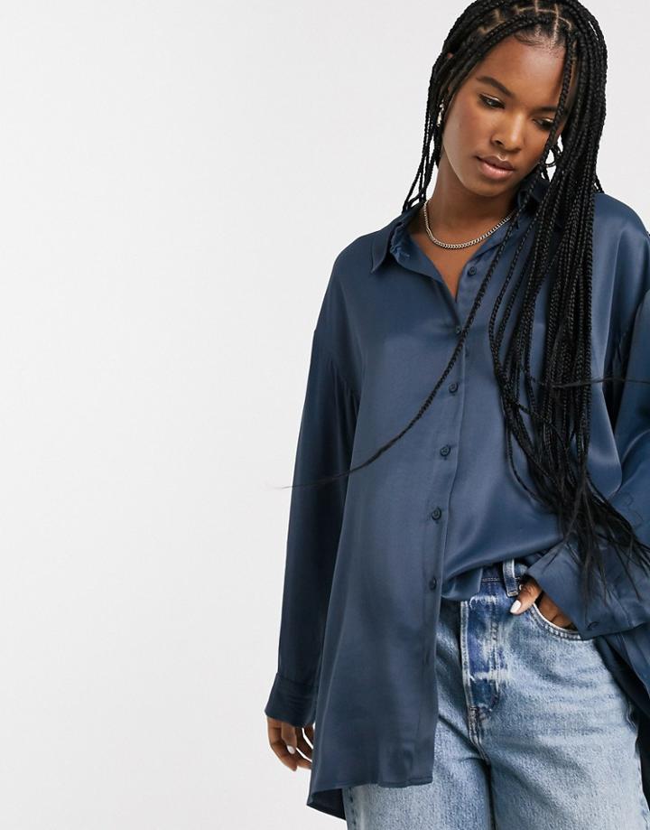 Weekday Satin Shirt In Deep Blue