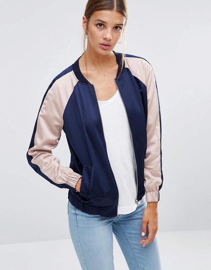 New Look Color Block Sateen Bomber - Blue
