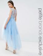 Chi Chi London Petite Lace Scallop Back High Low Midi Dress With Tulle Skirt - Pale Blue