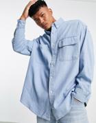 Asos Design Extreme Oversized Vintage Wash Denim Shirt In Stone Wash Blue-blues