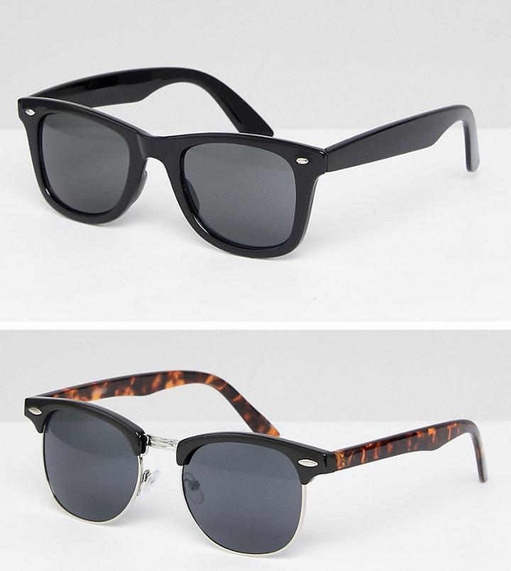 Asos 2 Pack Square & Contrast Retro Sunglasses In Black Save - Multi