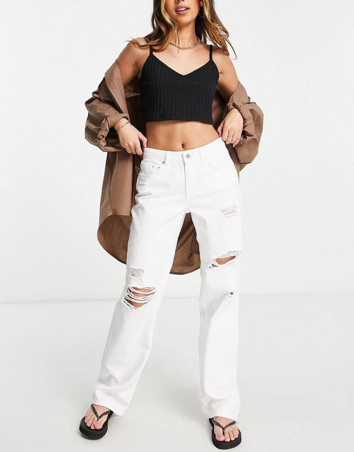 Only Mid Waist Ripped Baggy Jeans In White