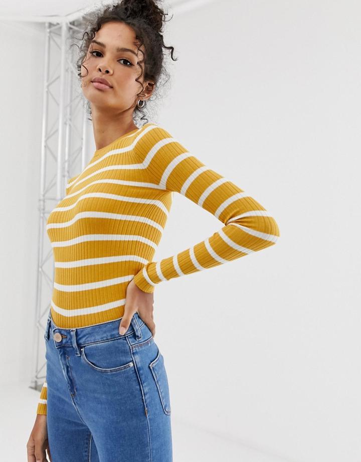 Brave Soul Skinny Rib Stripe Sweater In Mustard-yellow