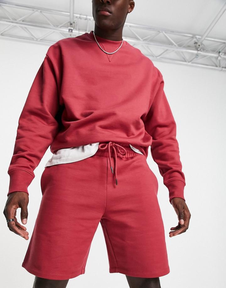 Asos Design Heavyweight Oversized Jersey Shorts In Washed Red - Part Of A Set