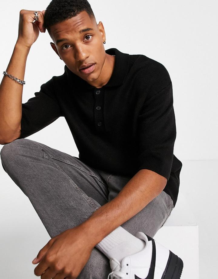 Topman Oversize Rubgy Polo In Black