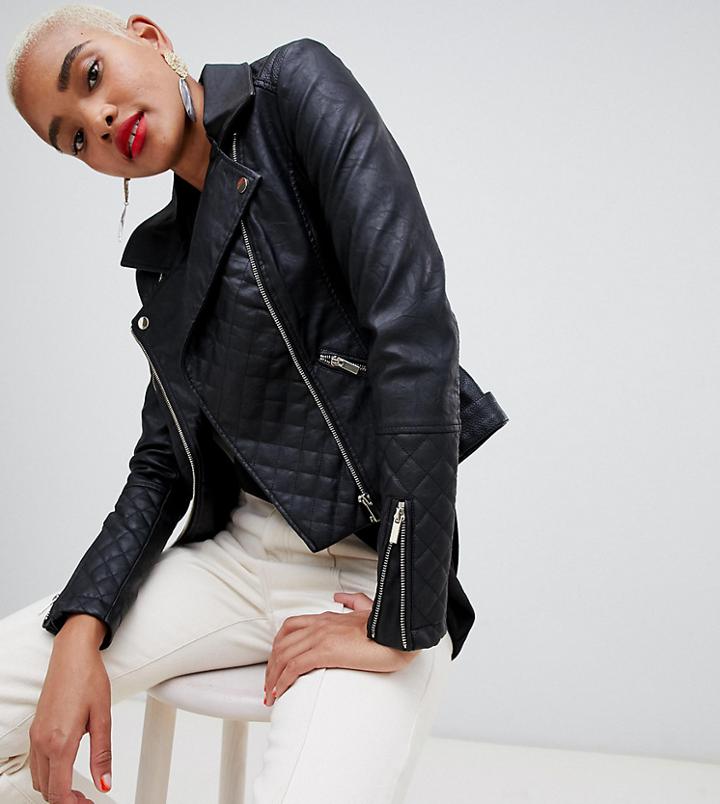 River Island Quilted Biker Jacket In Black - Black