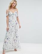 Oh My Love Frill Maxi Dress In Floral Print With Cold Shoulder - Multi