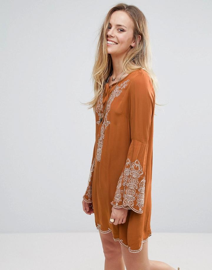 Lunik Embroidered Smock Dress - Brown