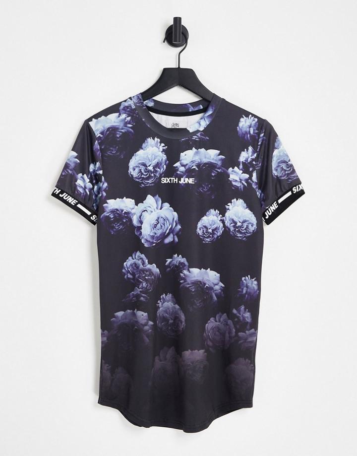 Sixth June Skinny Fit Flower Print T-shirt In Navy