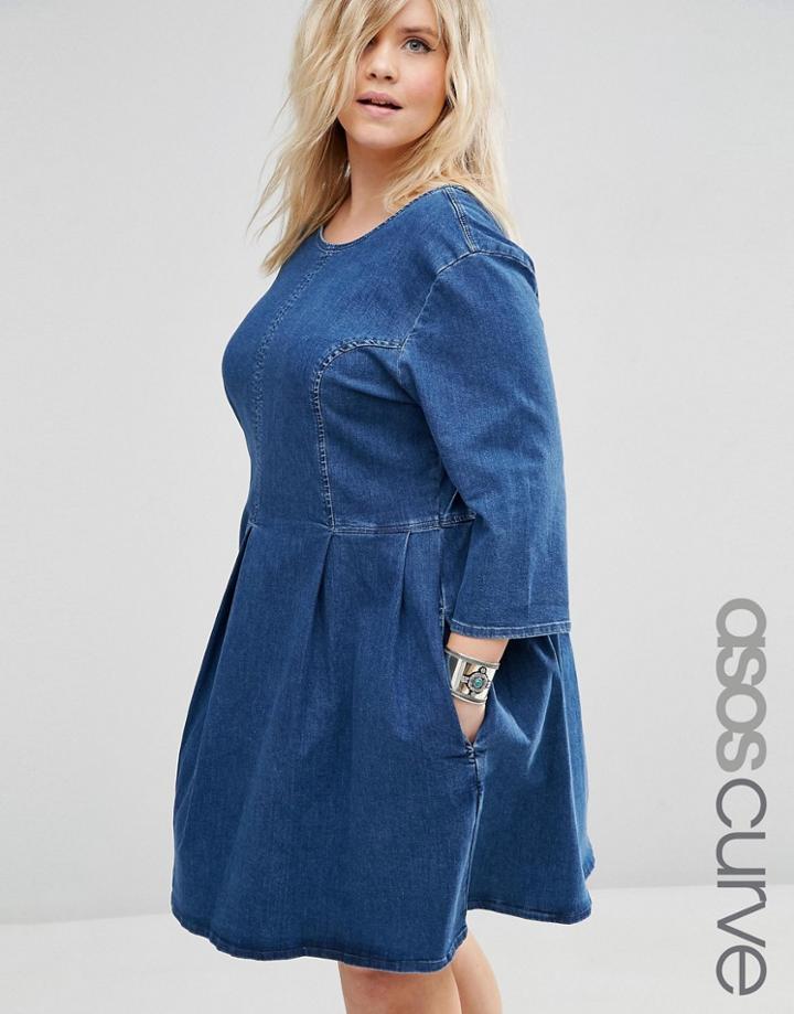 Asos Curve Denim Skater Dress In Mid Blue Wash - Blue