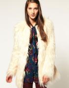 Asos Collarless Coat In Shaggy Faux Fur-cream